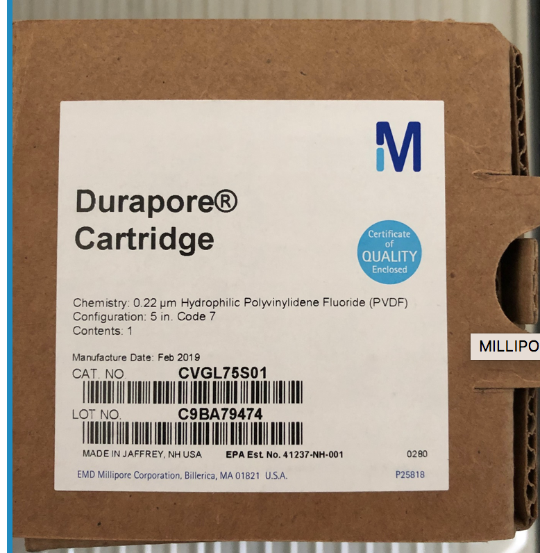DURAPORE CARTRIDGE MILLIPORE CVGL75S01 label